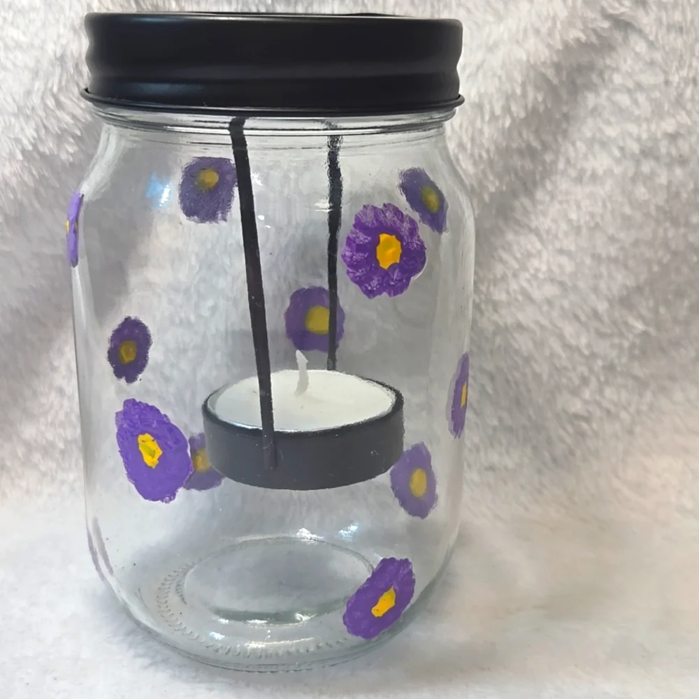 Hand Crafted Floral Painted Glass Jars with Black Lids Candle Holder